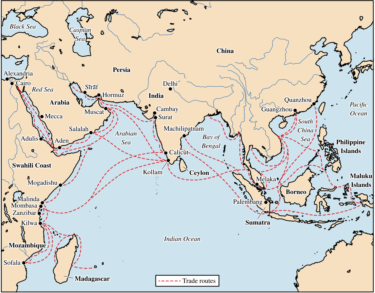 Map Showing Indian Ocean Trade Routes from the Swahili Coast